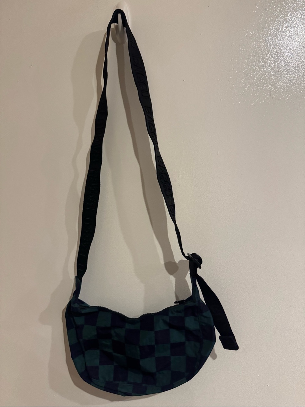 Baggu small crescent Checkerboard in Blue and Dark Green discontinued pattern